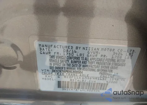 2017 Nissan Versa 1.6 S/1.6 S+/1.6 Sl/1.6 Sv из США, поврежденный, VIN 3N1CN7AP6HC808504